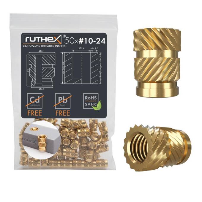 ruthex #10-24 Gewindeeinsatz Zoll (UNC) - 50 Stück RX-10-24x9.5 Gewindebuchsen aus Messing