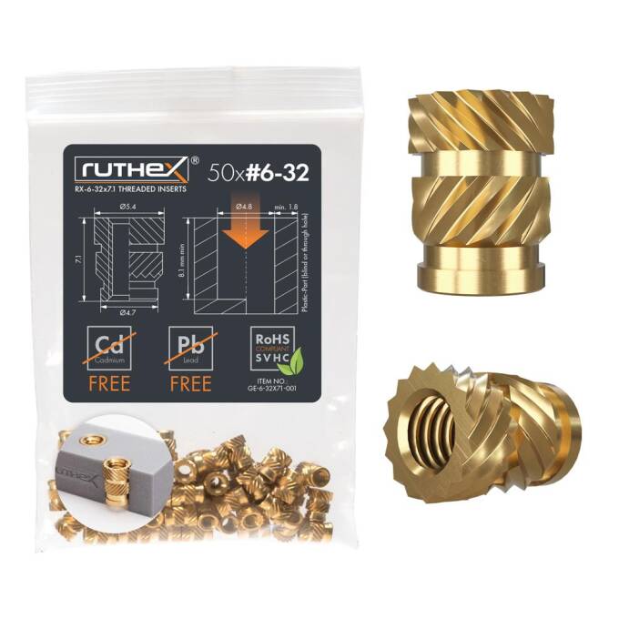 ruthex #6-32 Gewindeeinsatz Zoll (UNC) 50 Stück RX-6-32x7.1 Gewindebuchsen aus Messing