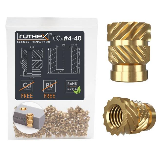 ruthex #4-40 Gewindeeinsatz Zoll (UNC) - 100 Stück RX-4-40x5.7 Gewindebuchsen aus Messing
