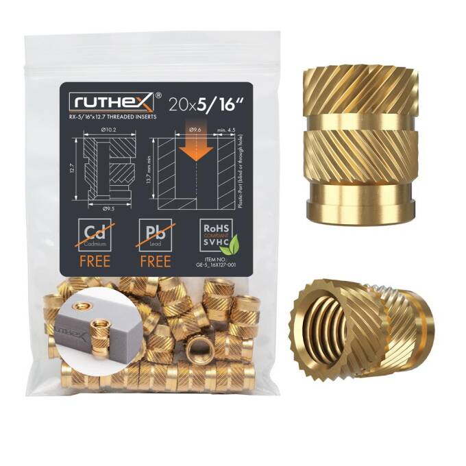 ruthex 5/16" Gewindeeinsatz Zoll (UNC) 20 Stück RX-5/16"-18-x12.7 Gewindebuchsen aus Messing