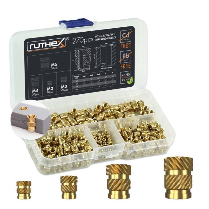ruthex BLEIFREIE Messing Gewindeeinsätze M2 + M3 + M4 + M5 Sortimentskasten - 70 + 100 + 50 + 50 Stück